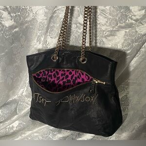 Betsey Johnson Vintage Black Leather Tote Bag W/Chain Straps & Embellished Logo